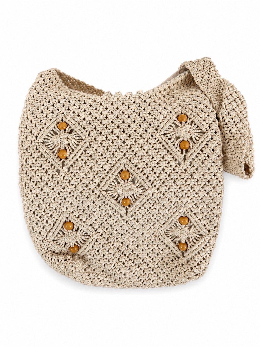 Handmade Macramé Crochet Shoulder Bag Beige Boho Knit Tote Wooden Bead Hobo Purs